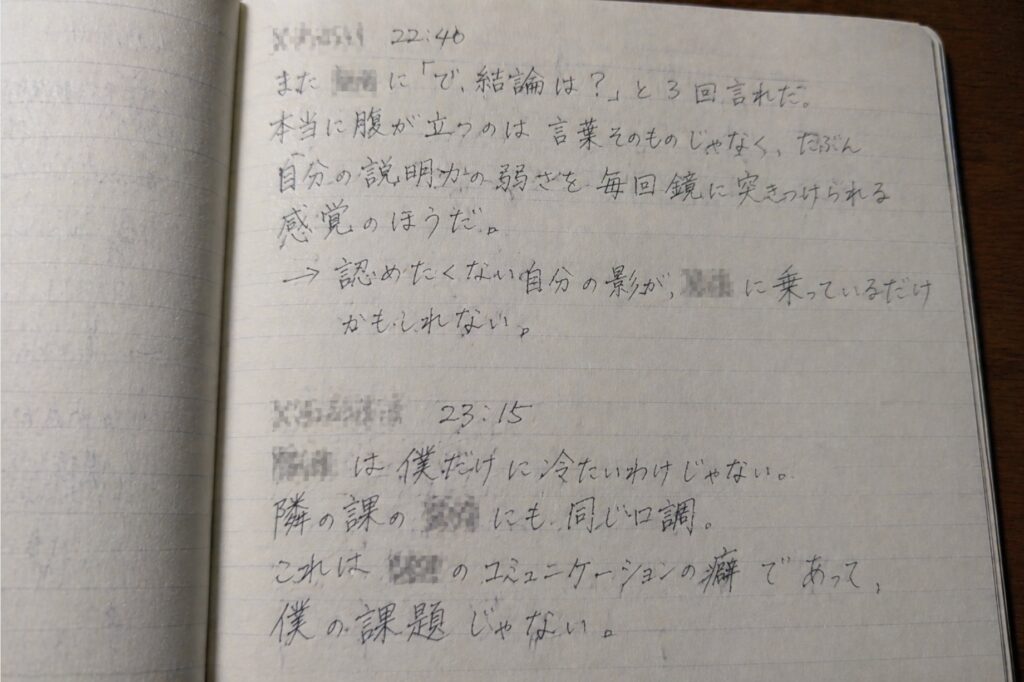 当時のノートに書いた『誰の問題か』の振り分け記録